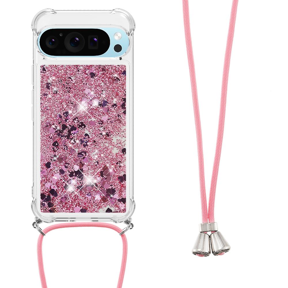 

For Google Pixel 10 Pro XL TPU Case Quicksand Phone Cover with Lanyard Gold/Hearts