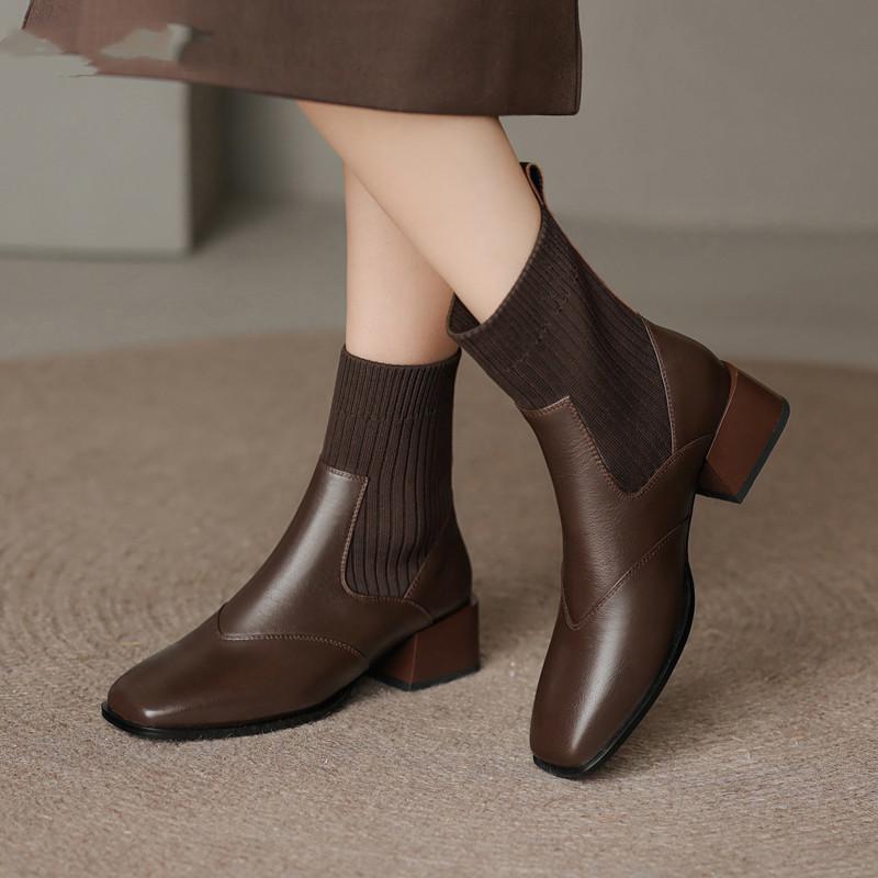 Chelsea Boots Autumn and Winter New Elastic Knitted Thin Boots Square Heel Elastic Boots