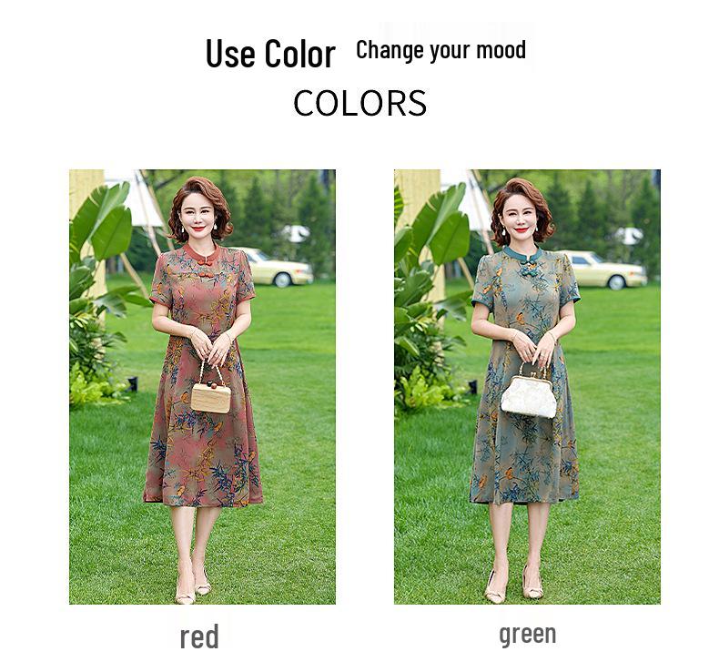 2026 New Summer Chinese Style Printed Dress - Fashionable Loose Short-Sleeved Top & Skirt for Middle-Aged Women