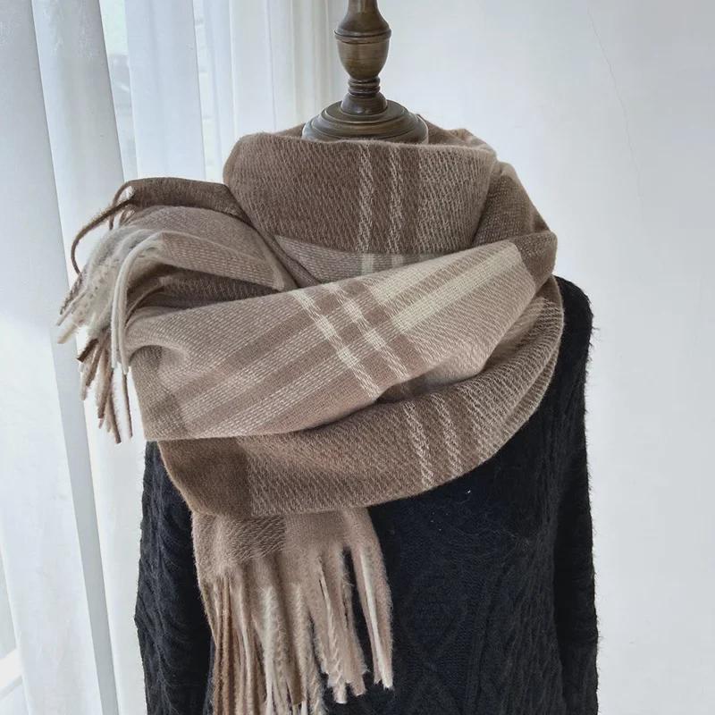 2024 Women's Winter Plaid Tassel Shawl - Korean-Style Thick Warm Imitation Cashmere Scarf for Students and Couples
