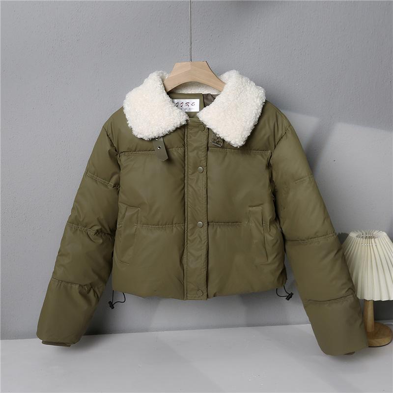 Lamb Wool Leave-in Pu Leather Down Cotton Clothes Women's Short Winter Thickened Stand-up Collar Bread Clothes Small Fur Collar Jacket