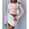 Fashion Slim Fit Skew Collar T-shirts Women Solid Pleated Off-the-Shoulder Crop Tees Tops Casual Elegant White T Shirt  30646