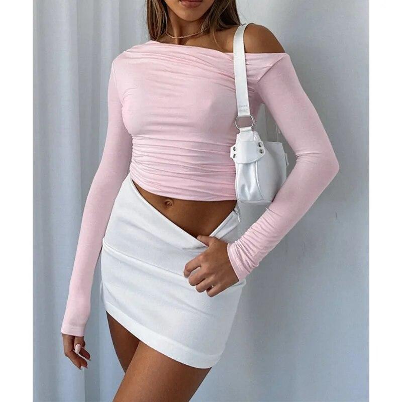 Fashion Slim Fit Skew Collar T-shirts Women Solid Pleated Off-the-Shoulder Crop Tees Tops Casual Elegant White T Shirt  30646