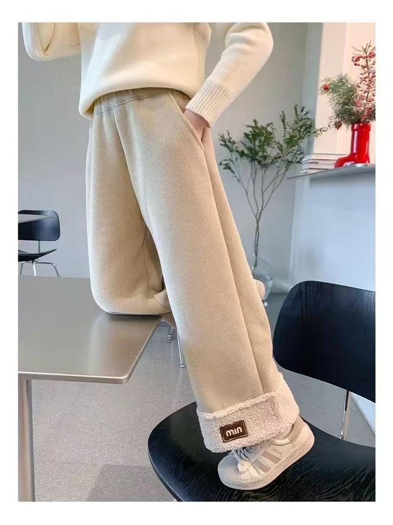Girls' Warm Lambswool Wide-Leg Winter Pants