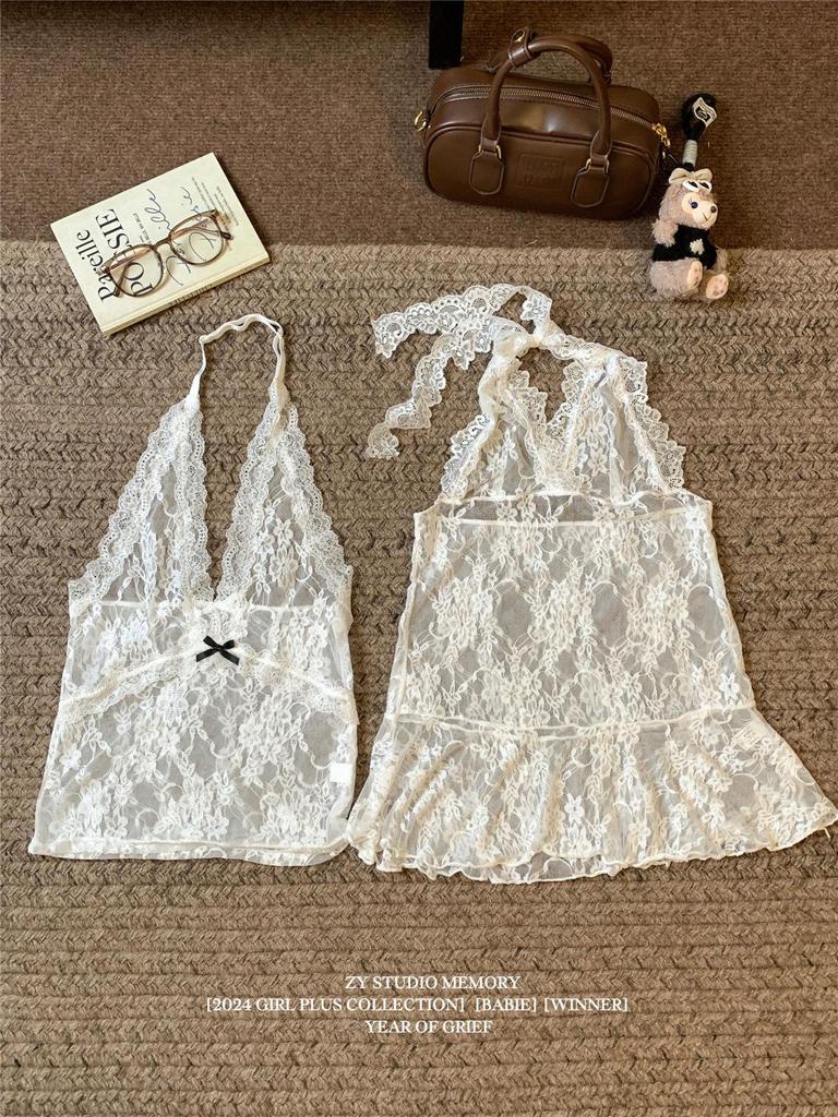 Winter 2024 Women's Lace Slip Dress - Sleeveless, Layered, Waist-Hugging with Bow