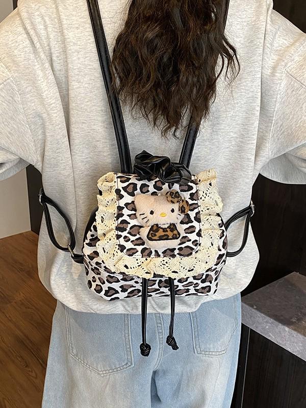 Korean Ruffle Lace Retro Leopard Print Girls' Kitten Backpack - Cute and Versatile Cartoon-Style Design