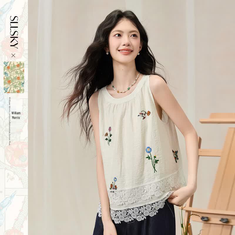 Sllsky Embroidered Sleeveless Halter Blouse 2XL
