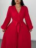 Plus Size Women's Elegant Long-Sleeve Pleated Jumpsuit with Cinched Waist