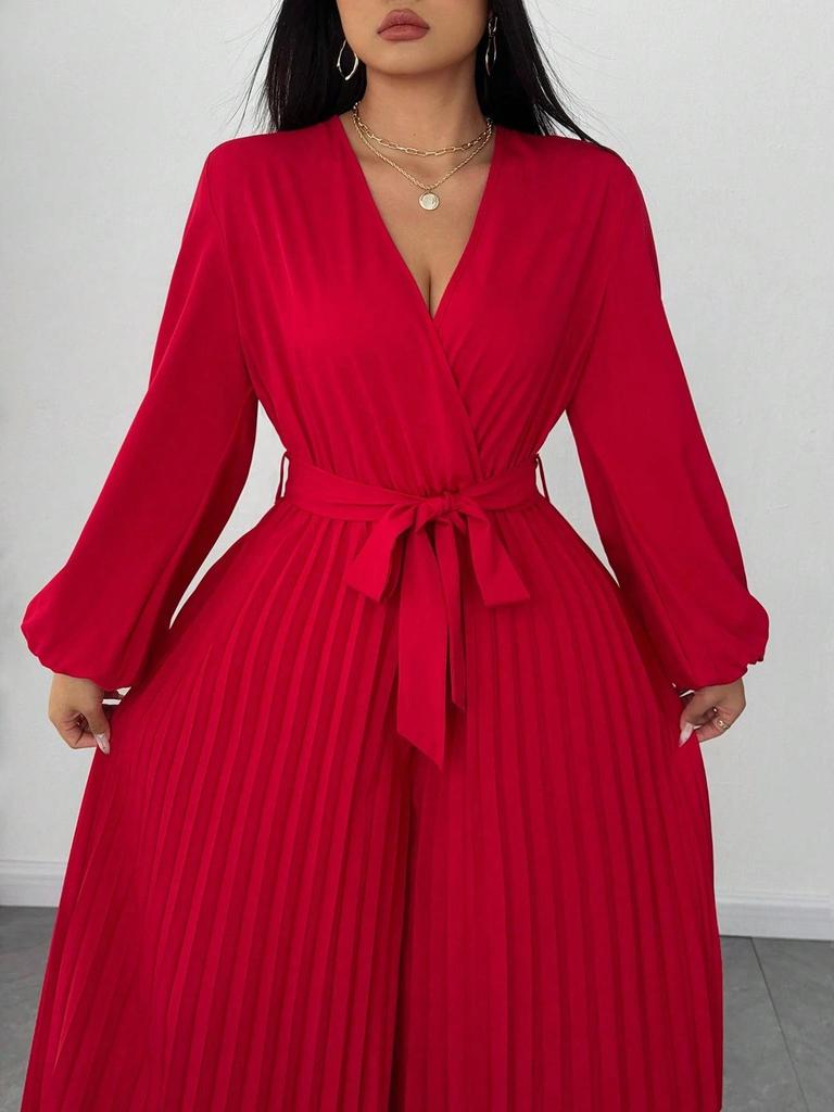 Plus Size Women's Elegant Long-Sleeve Pleated Jumpsuit with Cinched Waist