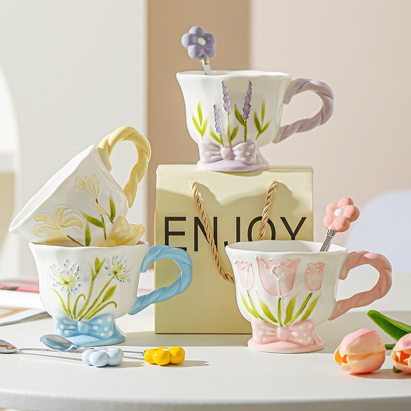 Tulip Ceramic Cup Hand Painted Relief High Looking Coffee Cup Mug Girl Heart Home Water Cup Souvenir