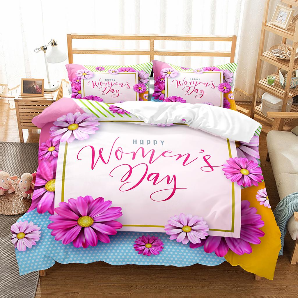 Comforter Romantic Floral Happy Women'S Day Bedding Set Polyester March 8 Comforter Single King Size For Mother Gift