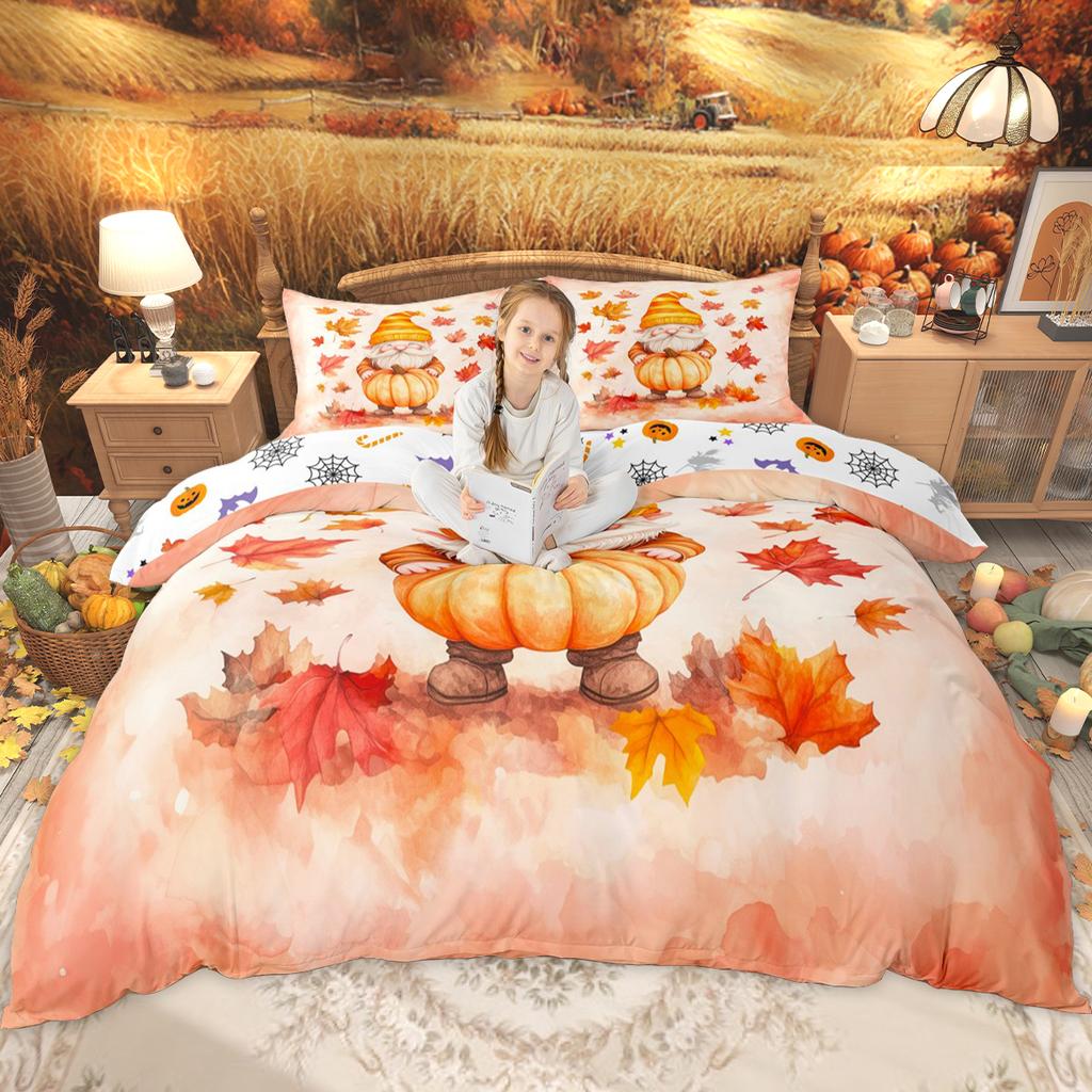 Homewish Happy Thanksgiving Day Duvet Cover Set Autumn Pumpkin Bedding Set Kawaii Turkey Fall Gnome Comforter Cover Set