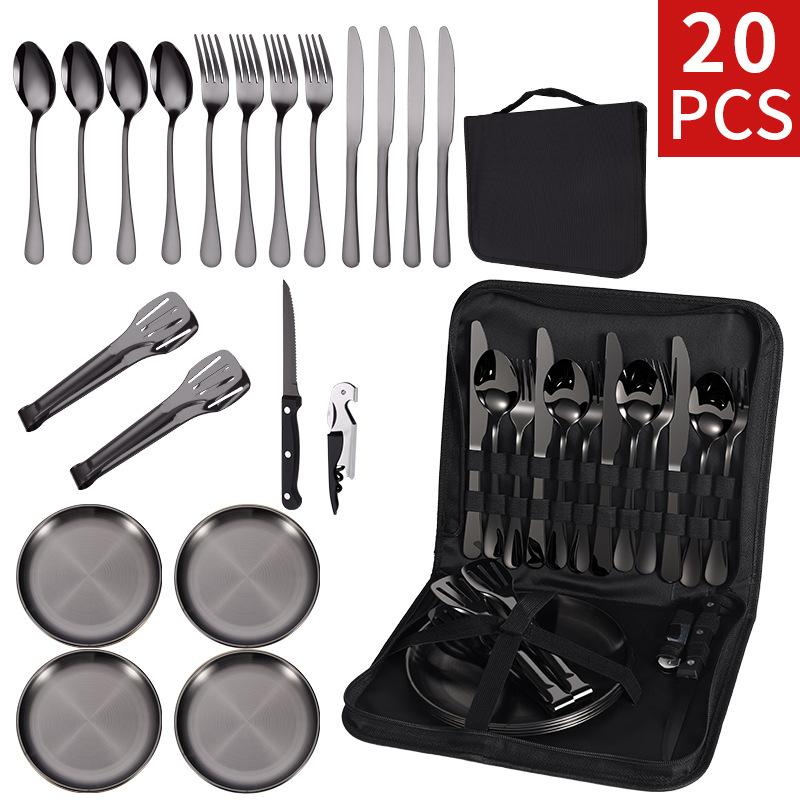 20Pcs Portable Stainless Steel Tableware Set Knife Fork Spoon Plate for Camping Picnic