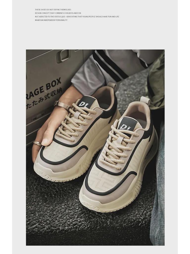 2024 Autumn Men's Leather Thick-Soled Dad Shoes with Air Cushion - Trendy Casual Sports Footwear