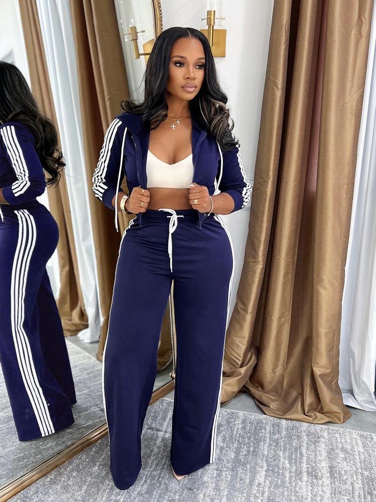 TW802 Women's Autumn/Winter Striped Hooded Cardigan & Straight-Leg Trousers Set