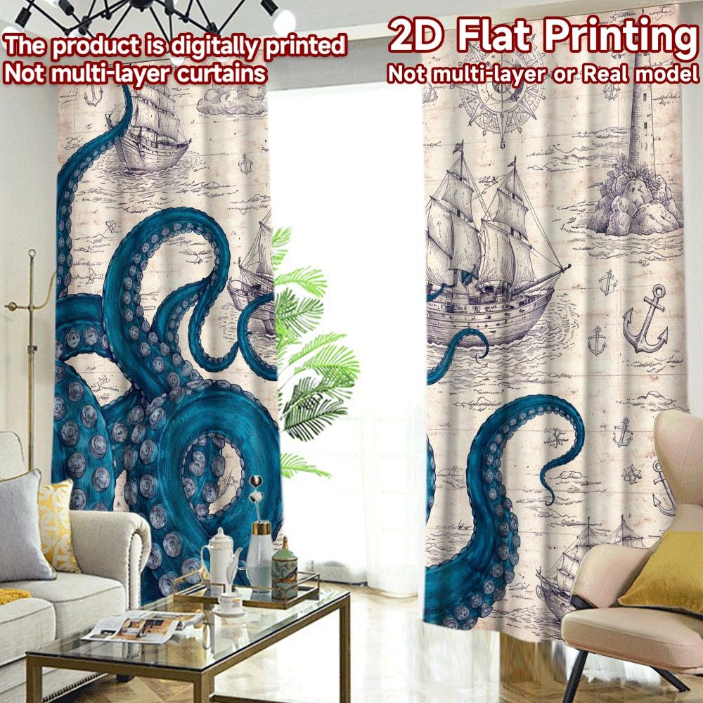 2D FLAT PRINTING 2pcs Curtains (Without Rod) Octopus and Sailing Ships Fashionable Modern Curtains Durable 100% Polyester Fabric