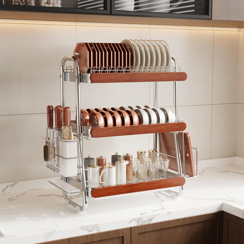 Stainless Steel Kitchen Countertop Rack With Drainage Bowls Plates Chopsticks Modern Minimalist Two Or Three Tier