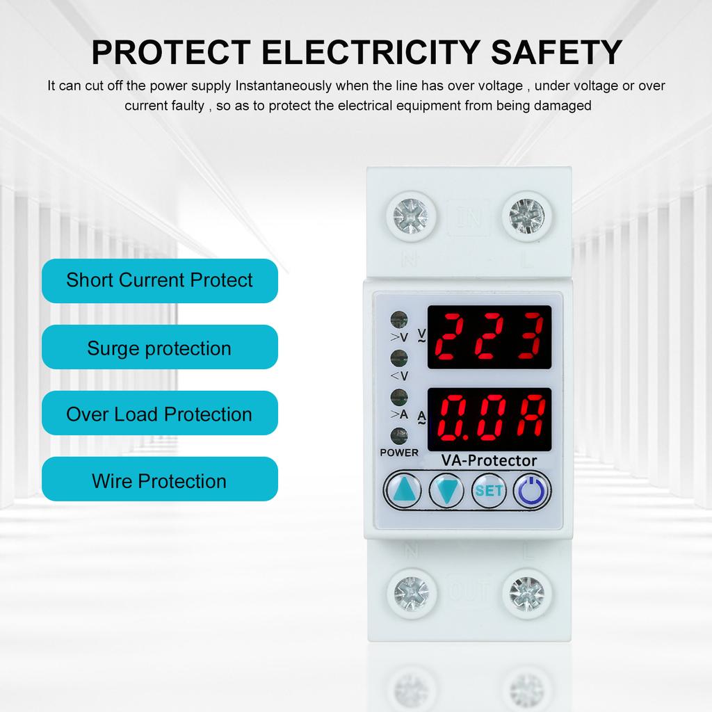 63A 220V Din Rail   Over Voltage and Under Voltage  ive Device  or Relay Over Current   Home Usage Dual LED Display