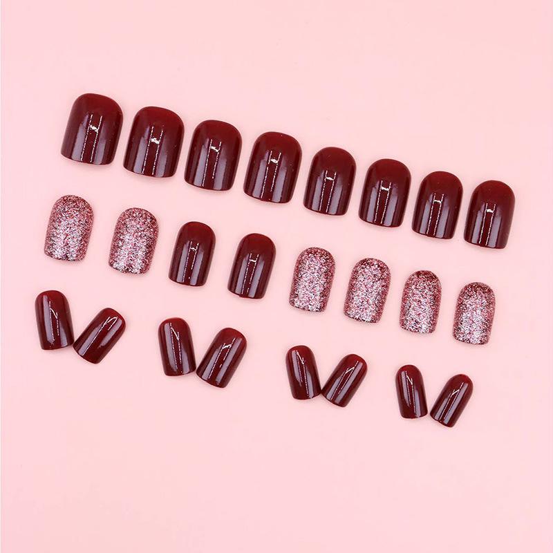 24 Pieces burgundy glitter explosive glitter temperament manicure  style autumn and winter temperament white  manicure wear nail