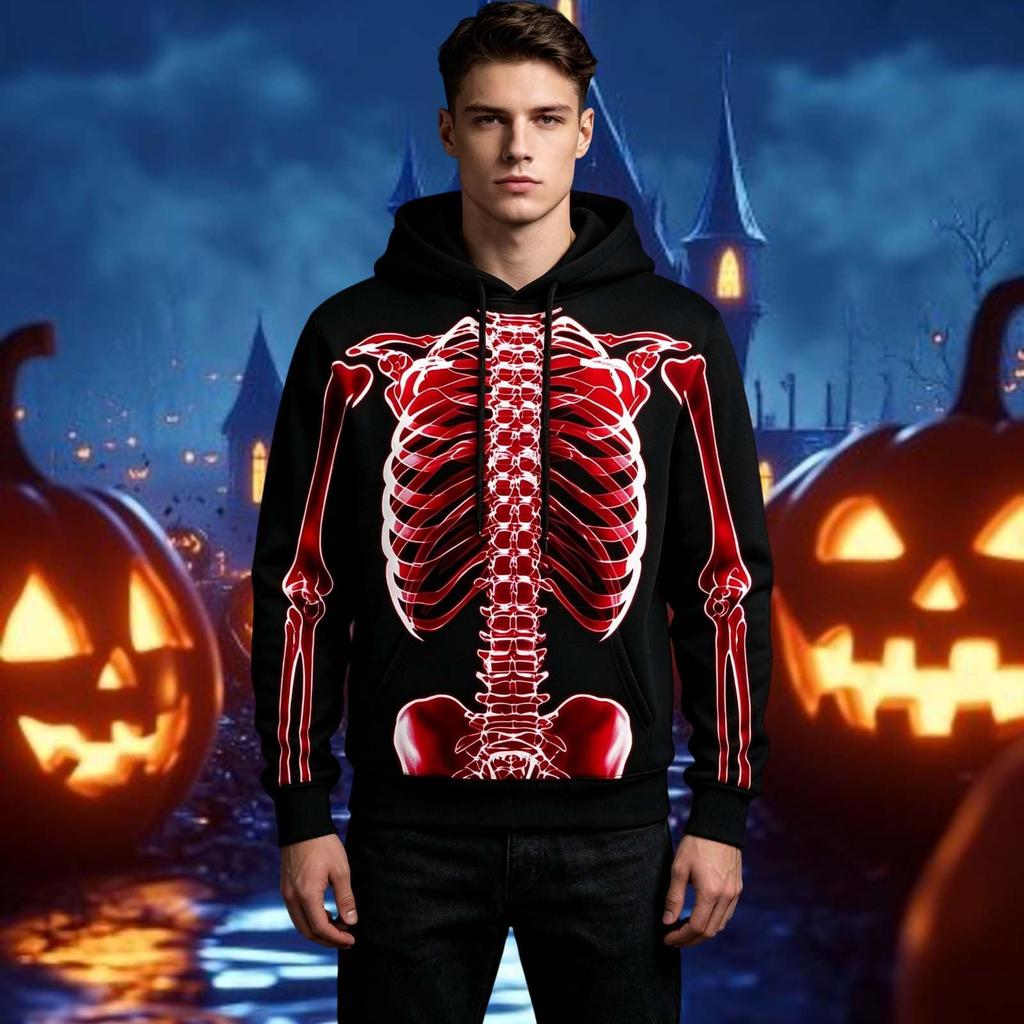 Men's Halloween Funny Skeleton Print Long Sleeve -Lined Pullover Hoodie with Pocket