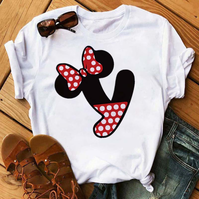 Cute Unisex Tee Cartoon Mickey Mouse Blouse Tops Letter Print T-Shirt Minnie White Tshirt Loose Hippie Clothes