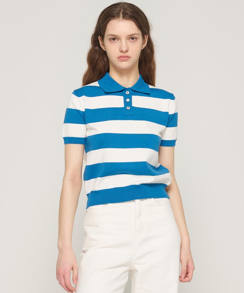 CARGOBROS FOR WOMAN Striped Collar Short Sleeve Knit (Blue)