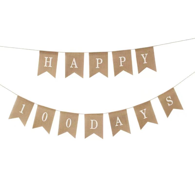 Mori-style Linen Birthday Pennant Banner for Baby's 1st Birthday or 100-Day Celebration Party Decoration