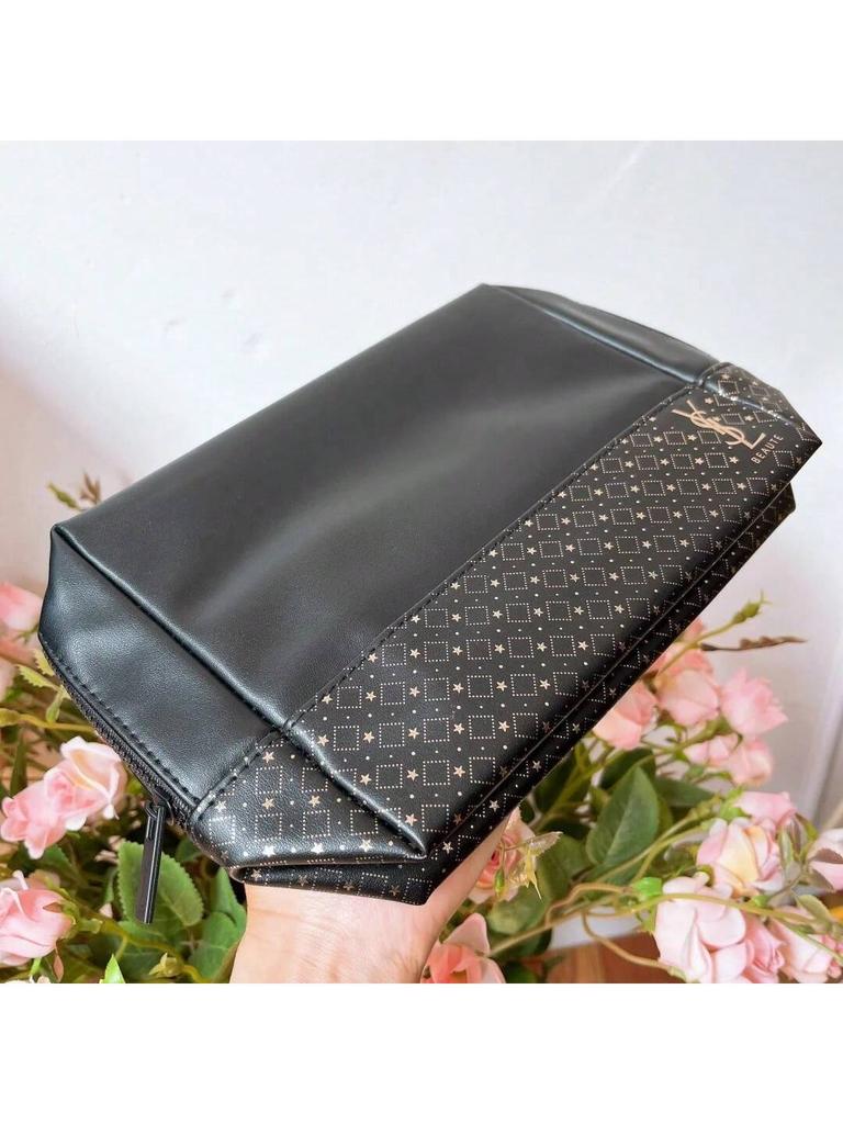 Luxus YSL Blumen-Clutch - Schwarzer Sternenprint Make-up Tasche für Damen, Geräumig & Wasserdicht, Elegantes Geschenk für Feiertage & Feiern