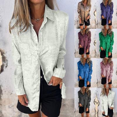 Women's Fashionable Solid Color Long Sleeved Casual Velvet Collar Shirt Top