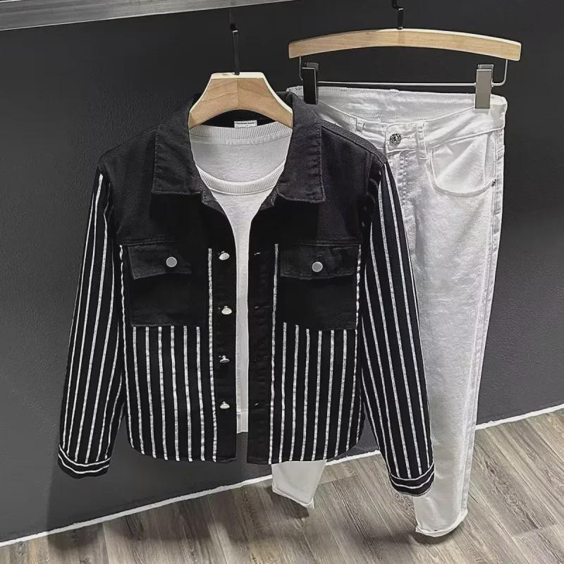 Men's Korean-Style Striped Denim Jacket - Spring & Autumn Casual Shirt Jacket