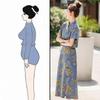 Fashion Chinese Style Denim Skirt Set Women Summer Floral Print Two Piece Outfit with Knot Buttons