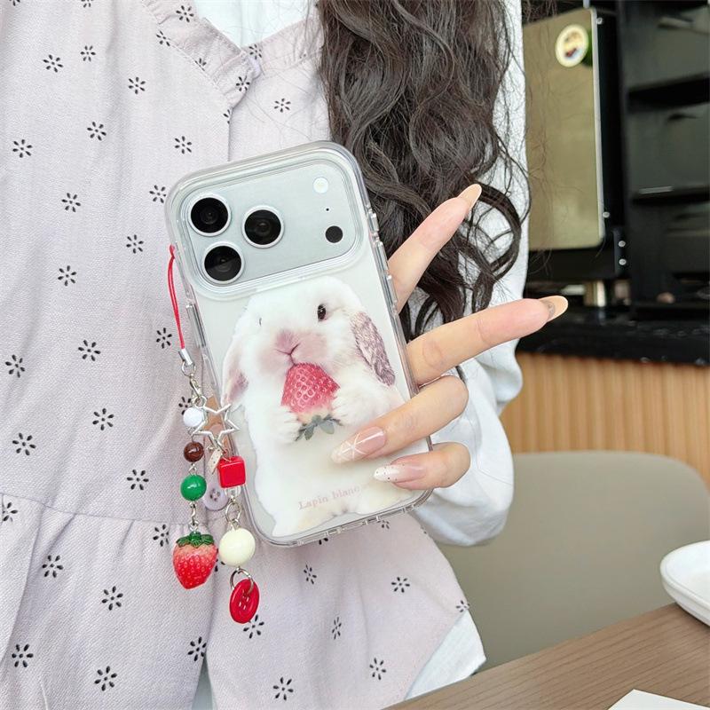 Strawberry Bunny Pendant for iPhone 17/16 Pro Max/15/14 Cases - Cute Gift for Girls