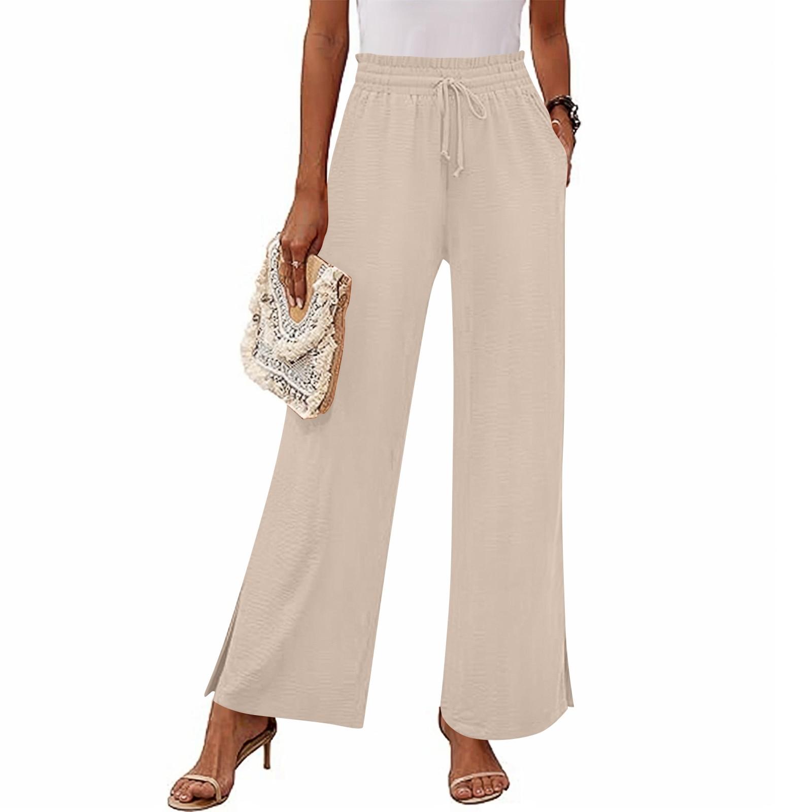 

Women s Fashion Loose Wide Leg Pants Slits At The Cuffs Elastic Waist Drawstring Pockets Casual Pants L бежевый