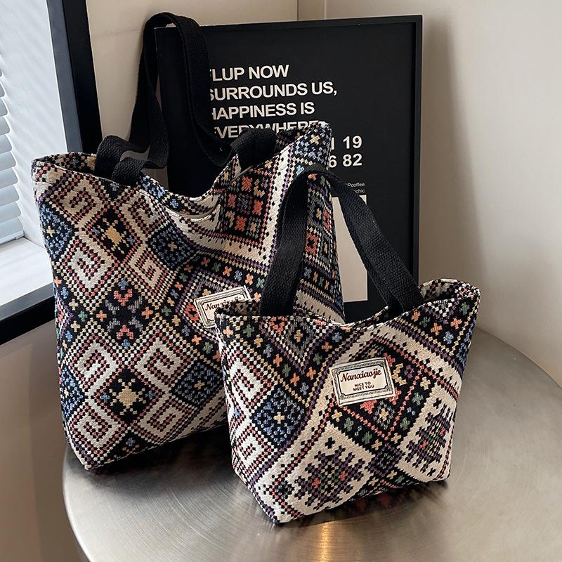 Large Capacity Ethnic Style Bag Women Shoulder Canvas Bag Women Ins College Students Versatile Shoulder Bag Women
