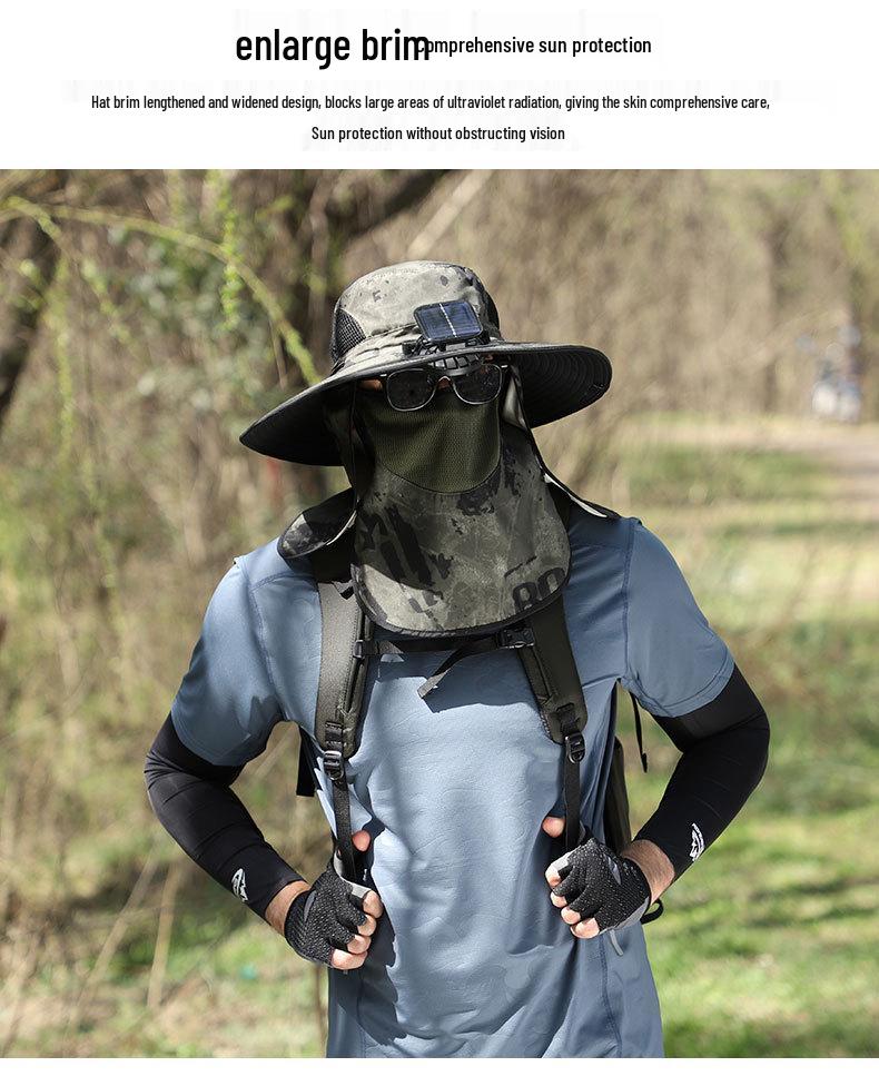 Men's Solar Rechargeable Sun Hat with Dual Fans and Face/Neck Protection for Summer Outdoor Hiking