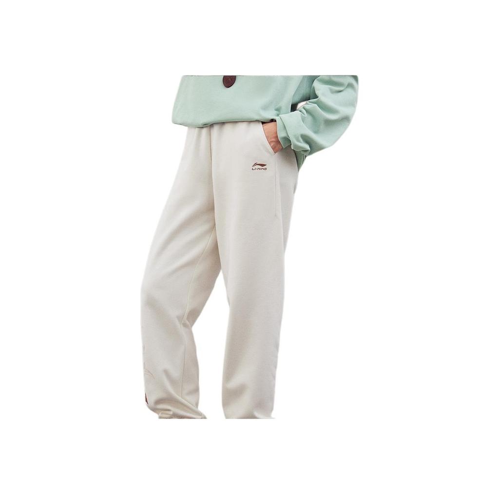 Li Ning Sports Lifestyle Series Letter Print Drawstring Cuffed Thickened Knitted Sweatpants Women Sweatpants Off-White AKLTD64-1