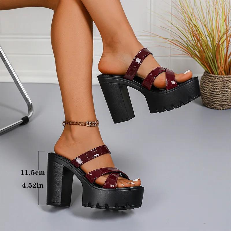 Fashion Cross Band Super High Heels Sandals Women Plus Size Pu Leather Chunky Platform Slippers Thick Sole Non Slip Square Heels Shoes