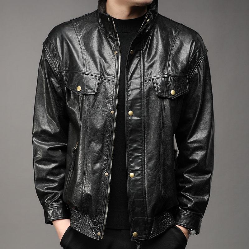 

Leather jacket men s solid color stand-up collar cowhide jacket men s leather men s top coat M чорний