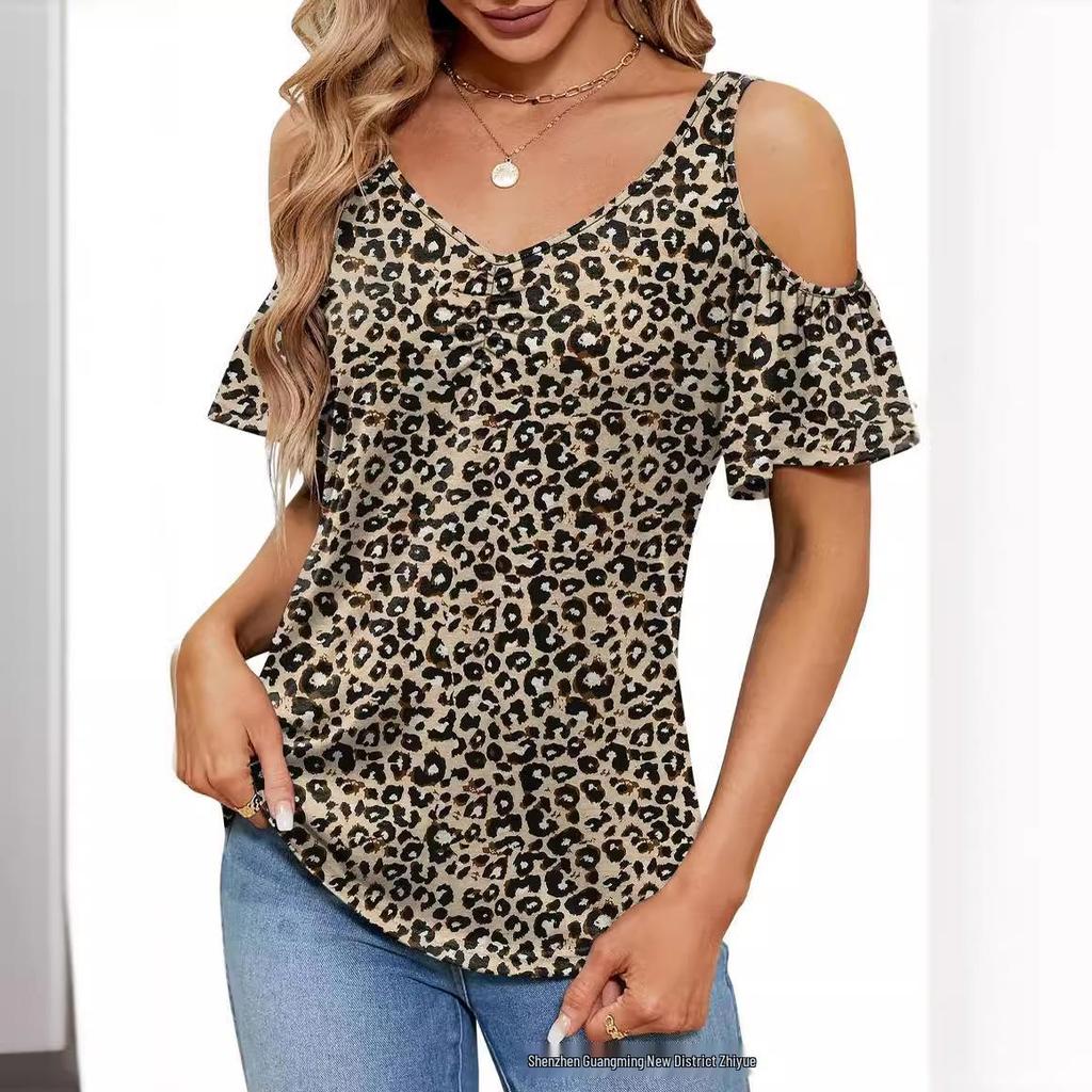 2025 Summer Off-the-Shoulder V-Neck Print Top for Women