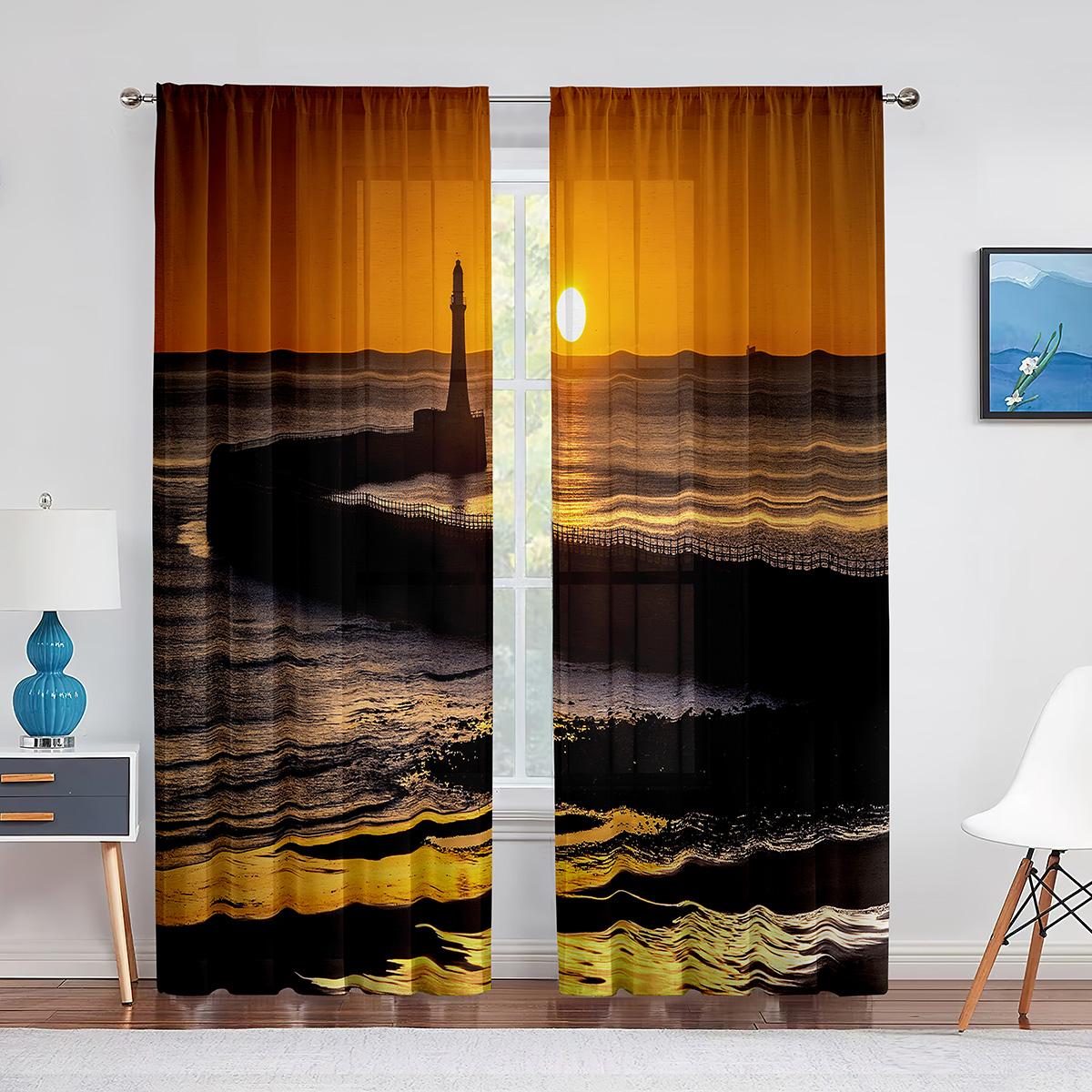 Маяк Восход Морского Побережья Пейзаж Прозрачная Вуаль Шторы для Гостиной Спальня Кухня — фото 6