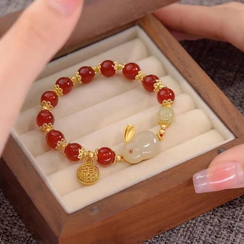 Lucky Red Bead Rabbit Bracelet for Women Exquisite Chinese Blessing Pendant Bracelet Valentine's Day Jewelry Gift