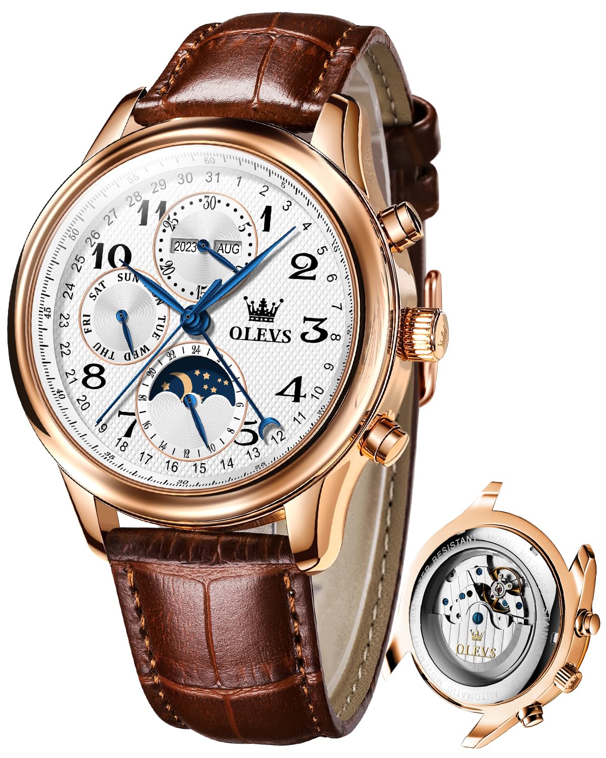 

OLEVS Мужские популярные механические наручные часы из кожи с автоматическим заводом, кожаный скелетон, фазы Луны, деловые мужские водонепроницаемые часы с календарем и датой, синие часы для