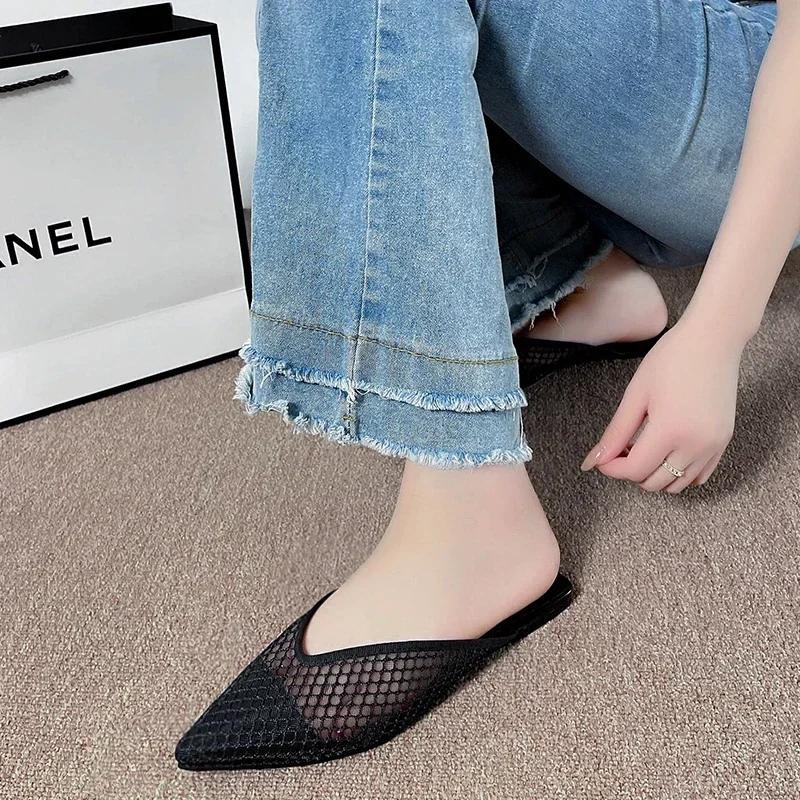 Hollow Mesh Flat Shoes Fashion Pointed Toe Half-pack Slippers New Summer Comfortable Square Heel Women's Shoes Large Size