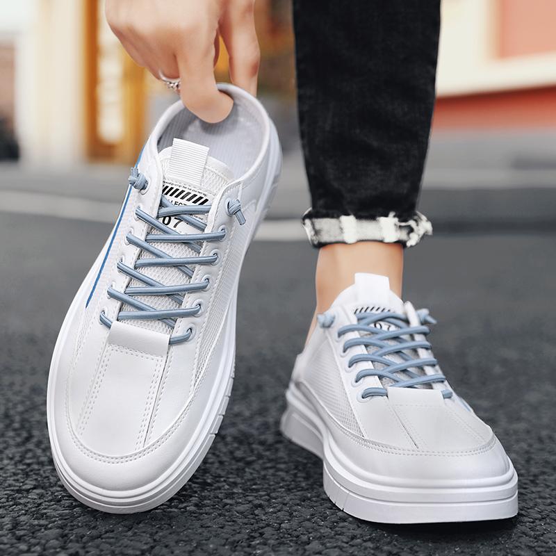 2025 Half Shoes For Men Mules Sandals Flat Summer Backless Loafers Slippers Man Slides Lace Up Mens Semi-Drag Casual Board Shoes