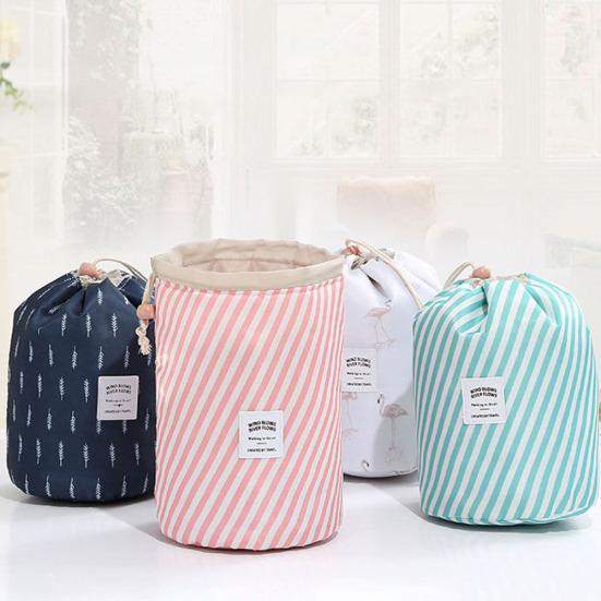 Oxford Striped Flamingo Storage Bag Travel Makeup Drawstring Organizer Pouch