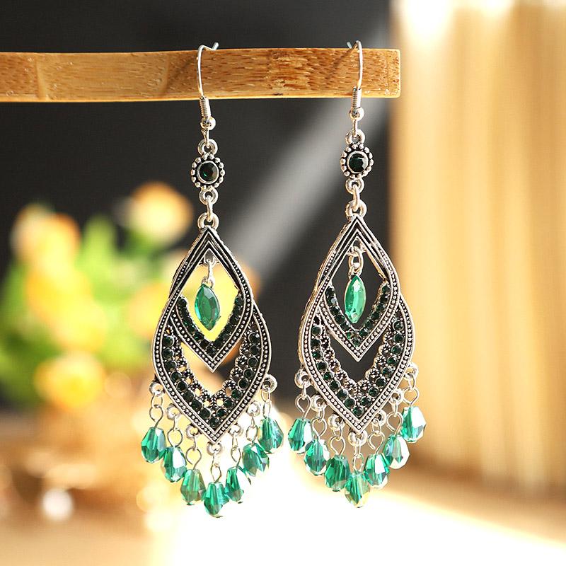 Vintage Chinese Style Crystal Bead Tassel Earrings for Women Long Elegant Hollow Rhinestone Dangle Silver Color Earring Jewelry