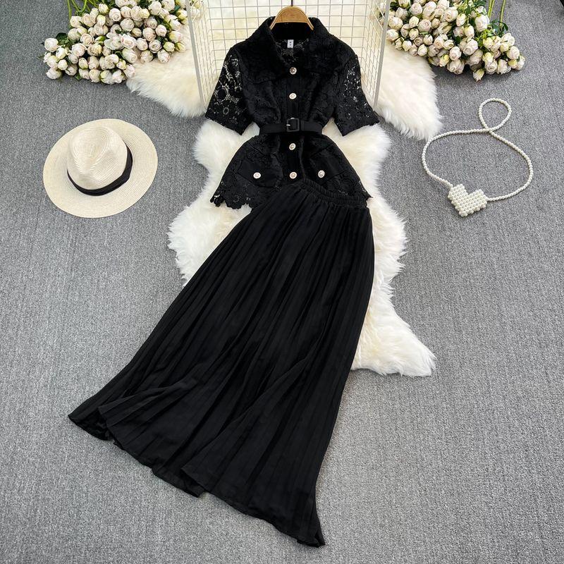 Single-Breasted Lace Pleated Skirt Fashion Suit