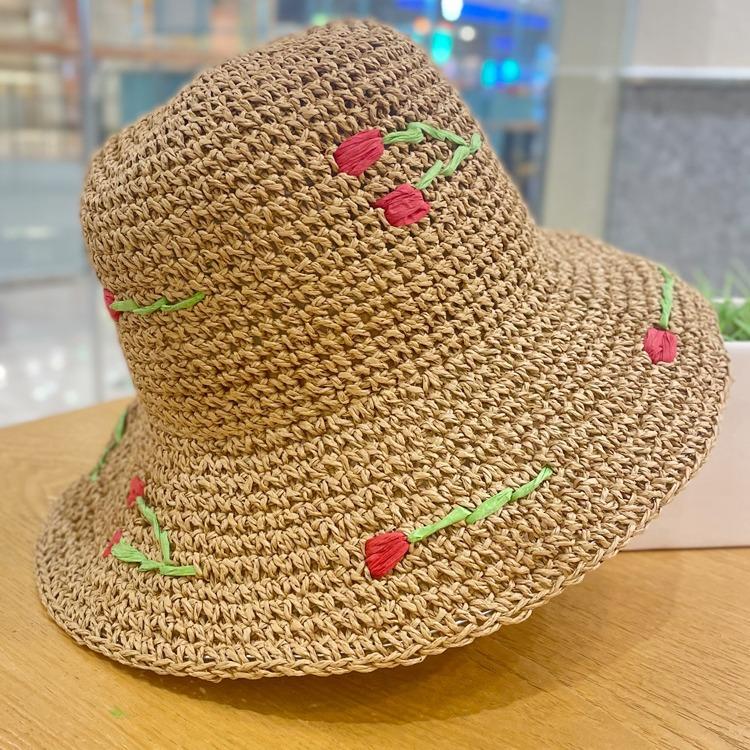 

Cute wind cherry straw fisherman hat children summer sun protection seaside vacation beach big eaves sunshade straw hat Adult average size 55-58cm бежевий
