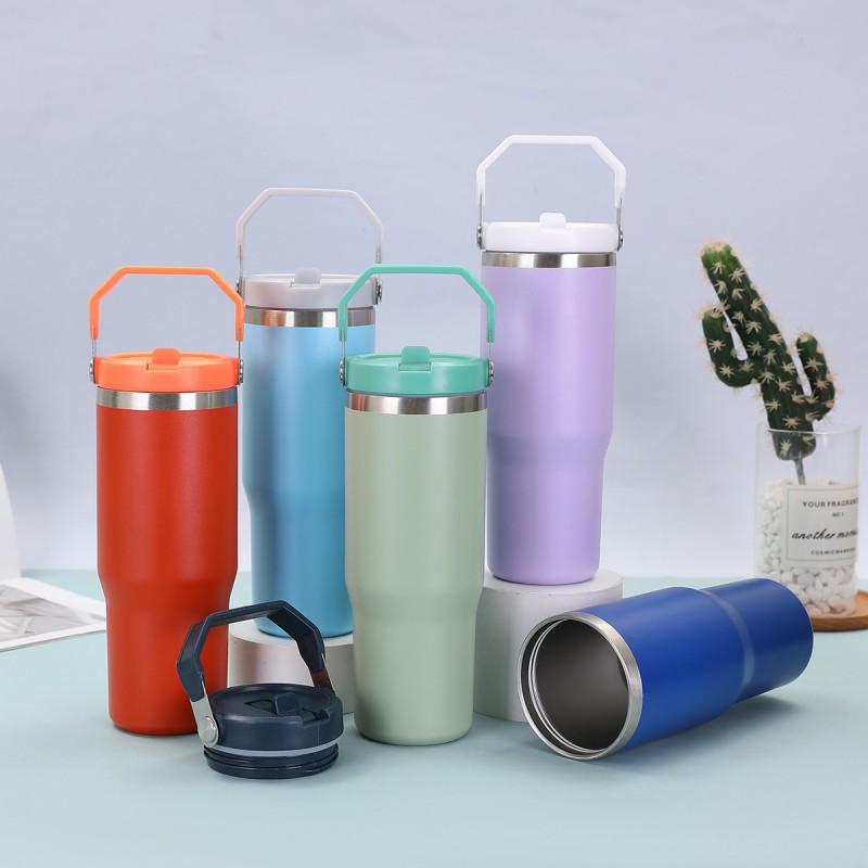 30 Oz Stainless Steel Travel Tumbler With Handle Straw Lid Car Outdoor Use Insulated Water Bottle