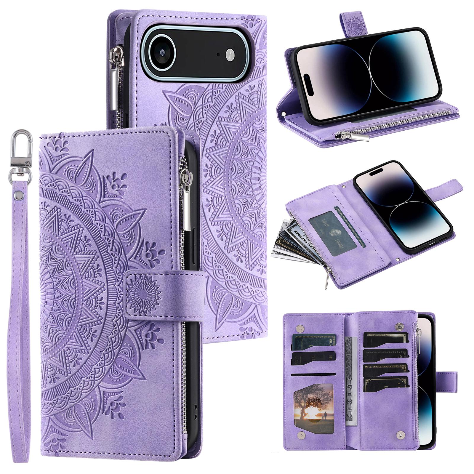 

For iPhone 17 Air Wallet Case Mandala Flower Pattern PU Leather Phone Cover with Wrist Strap Purple